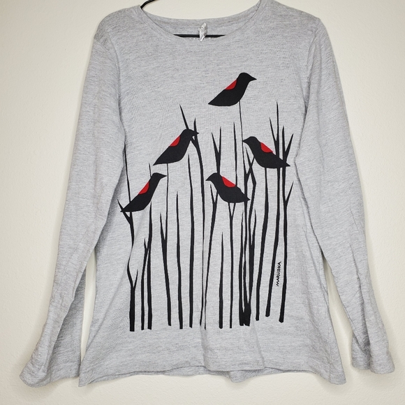 Marushka Tops - Marushka Bird Print Long Sleeve Gray Tshirt